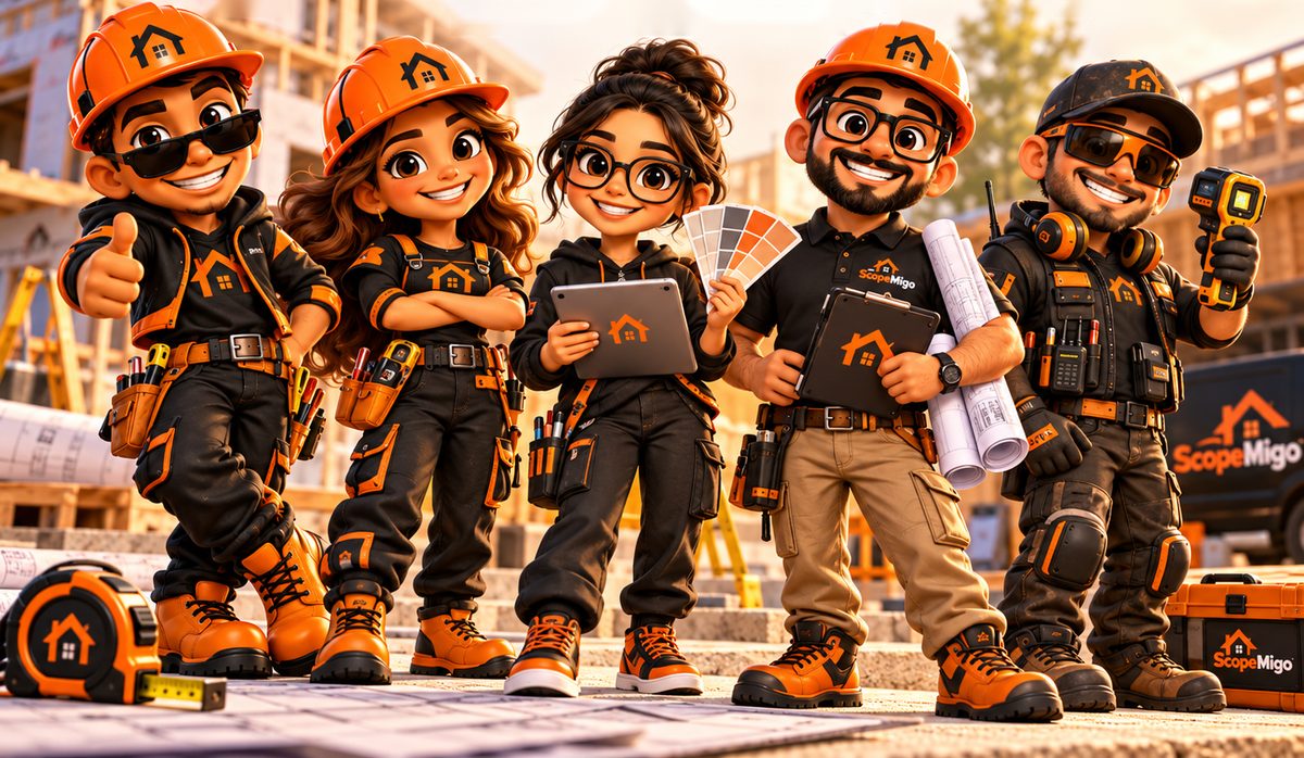 The ScopeMigo crew, five friendly cartoon builders in orange hard hats, smiling on a job site