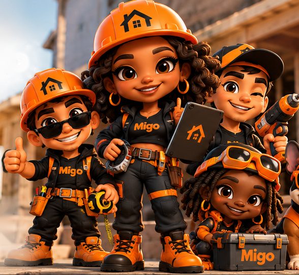Migo and the Migo crew, cartoon builders in orange hard hats and black work gear